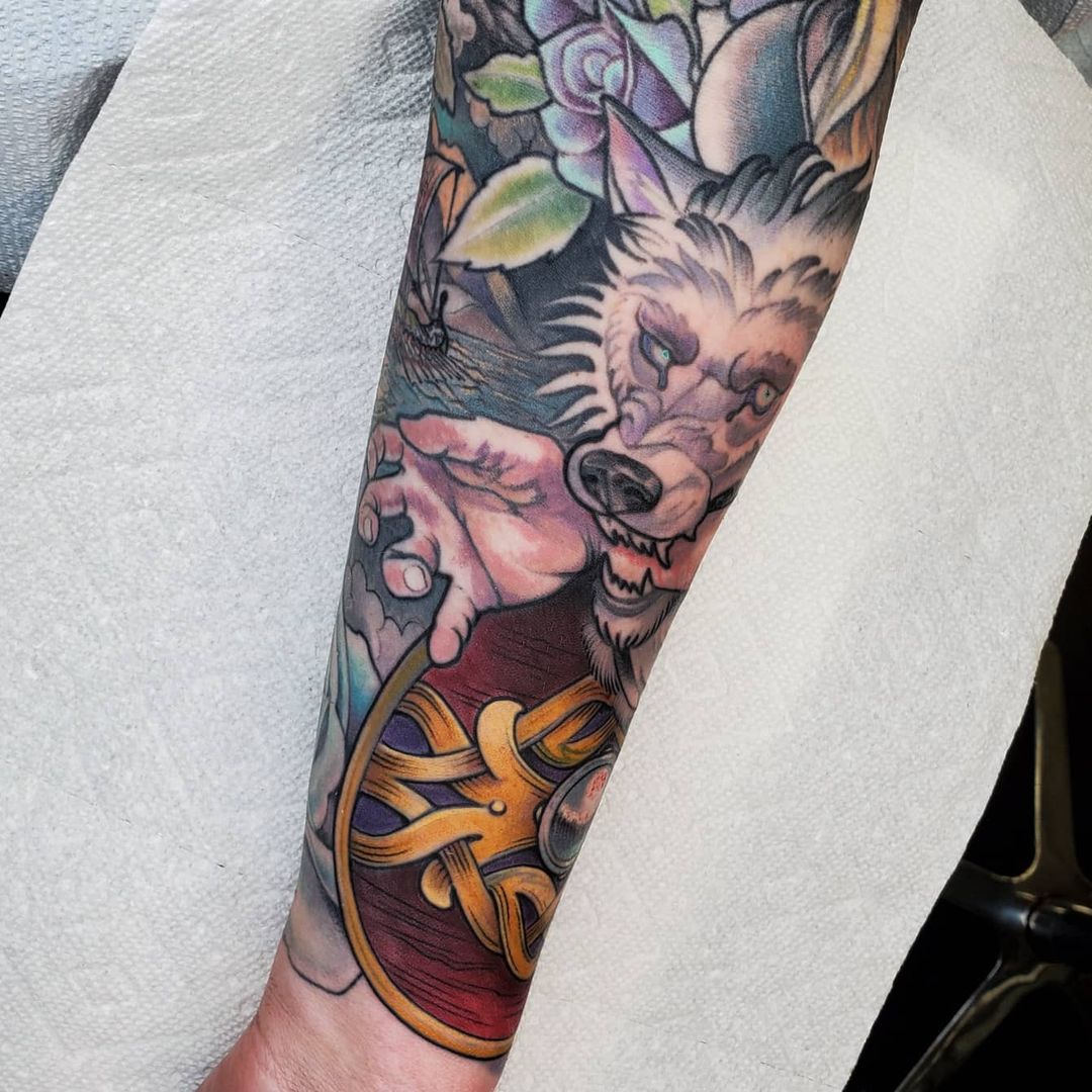 Colorful Tattoos Over Sleeve Norse Wolf Image