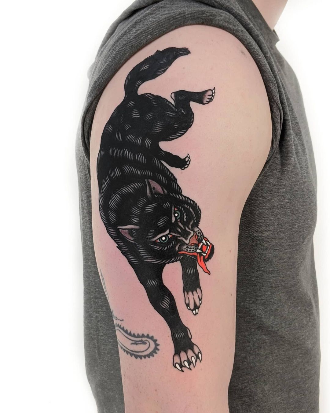 Nordic Wolf Tattoo Sleeve Black Image With A Pop Of Color