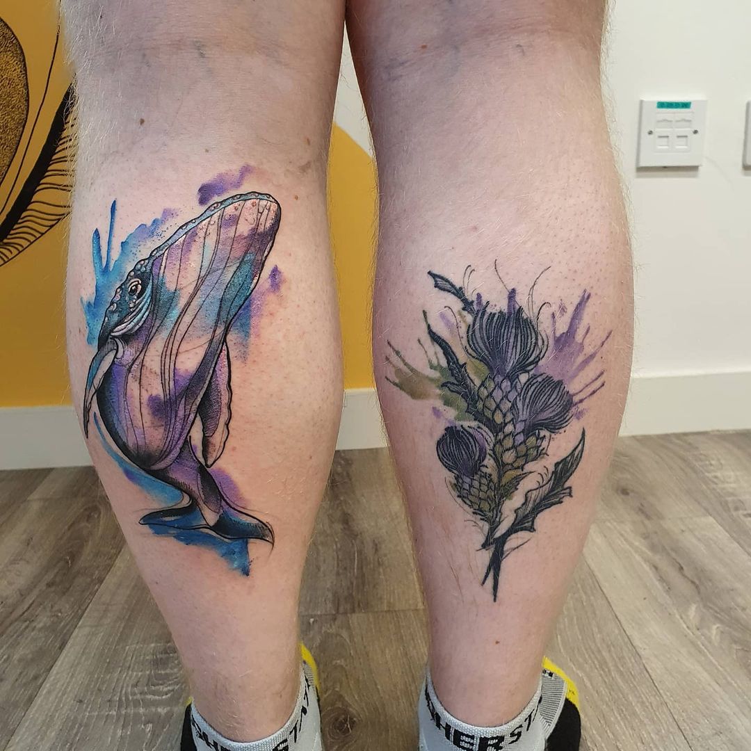 Scottish Tattoo Ideas Calf Thistle And Whale Design