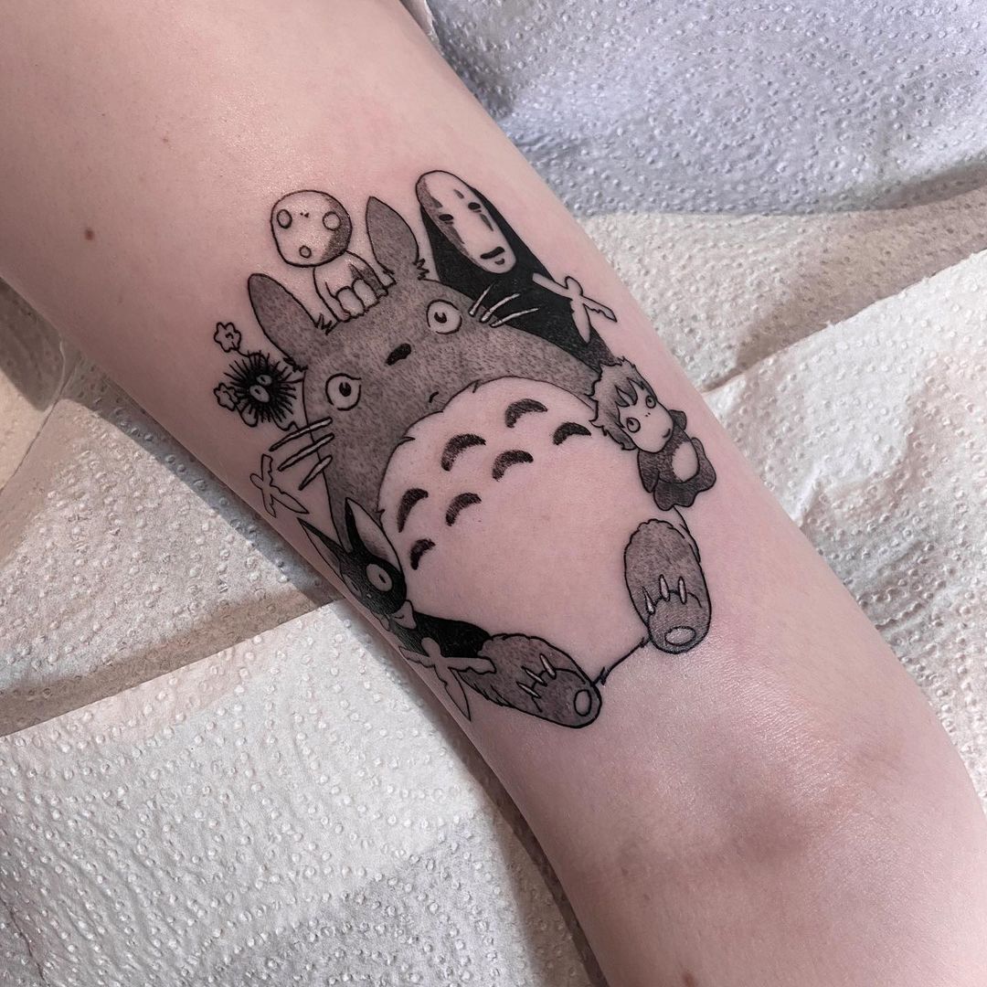Black Totoro Tattoo With All The Symbols And Characters