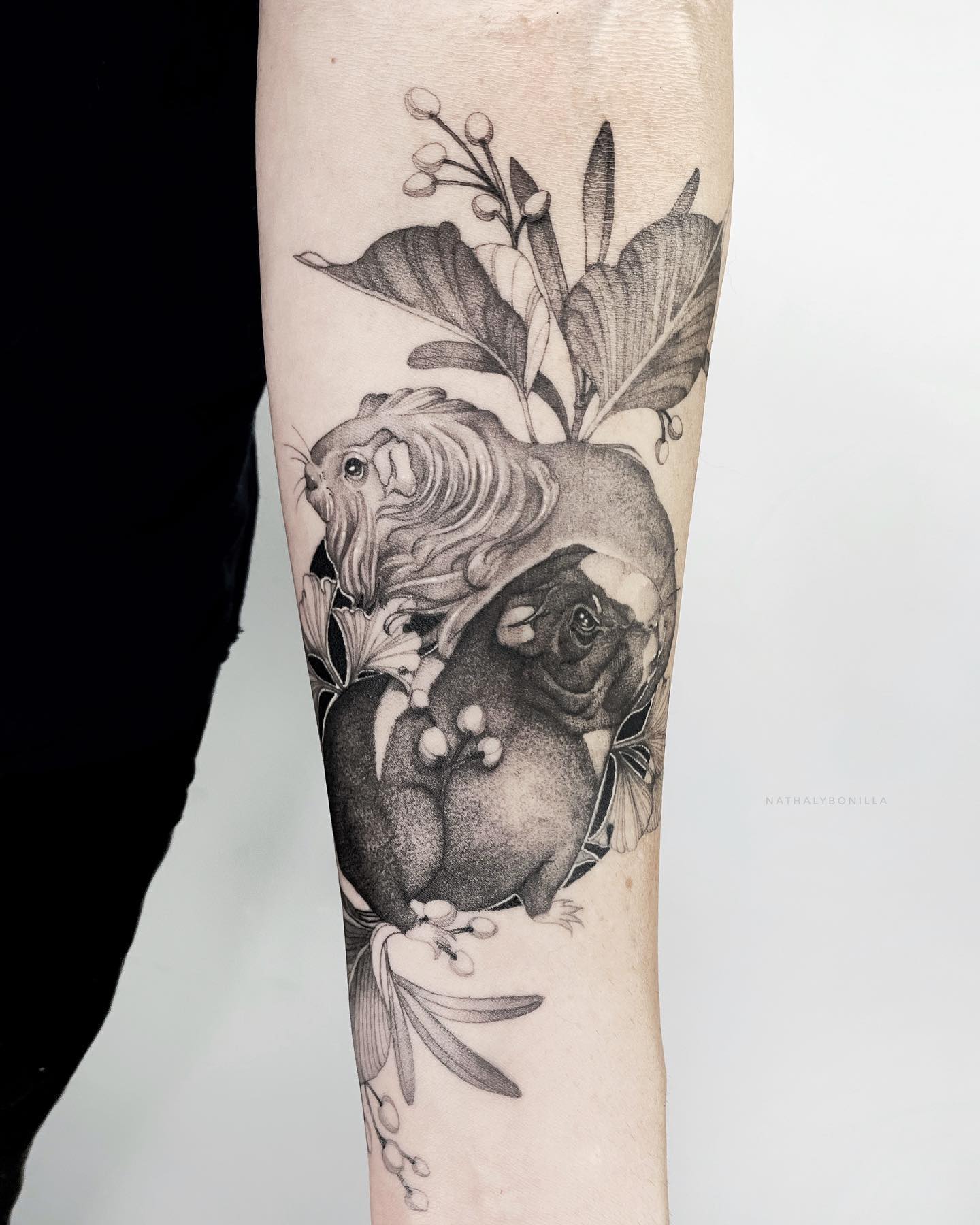 Black and White Floral and Bulldog Tattoo on Forearm