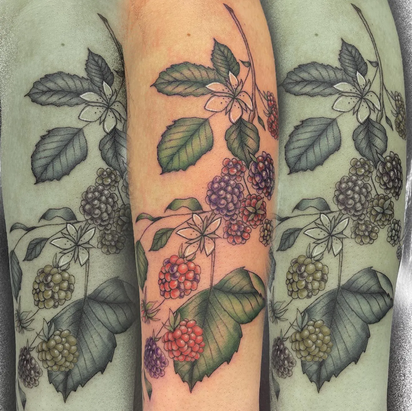 Colorful arm tattoo of ripe blackberries