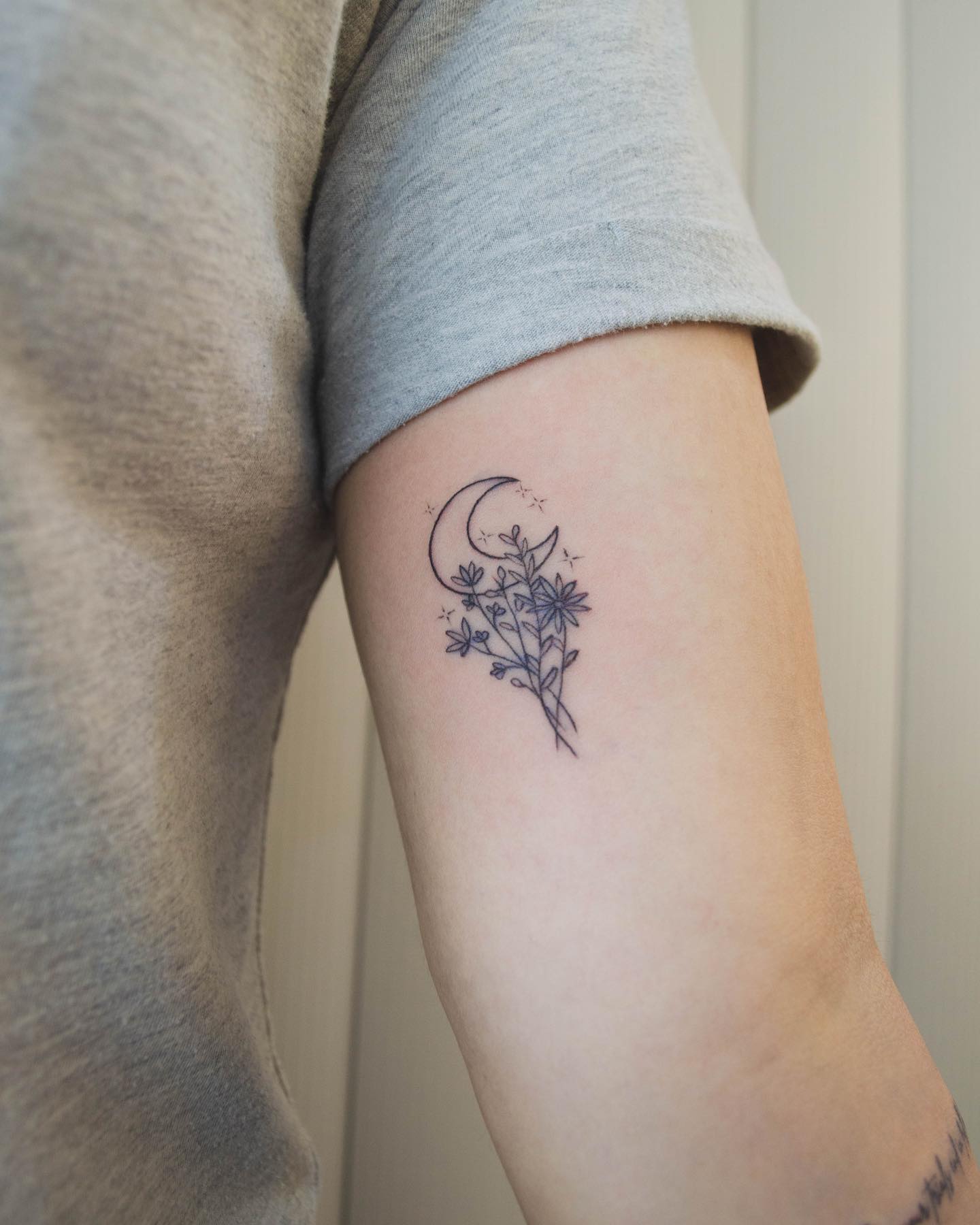 Crescent Moon and Floral Arm Tattoo