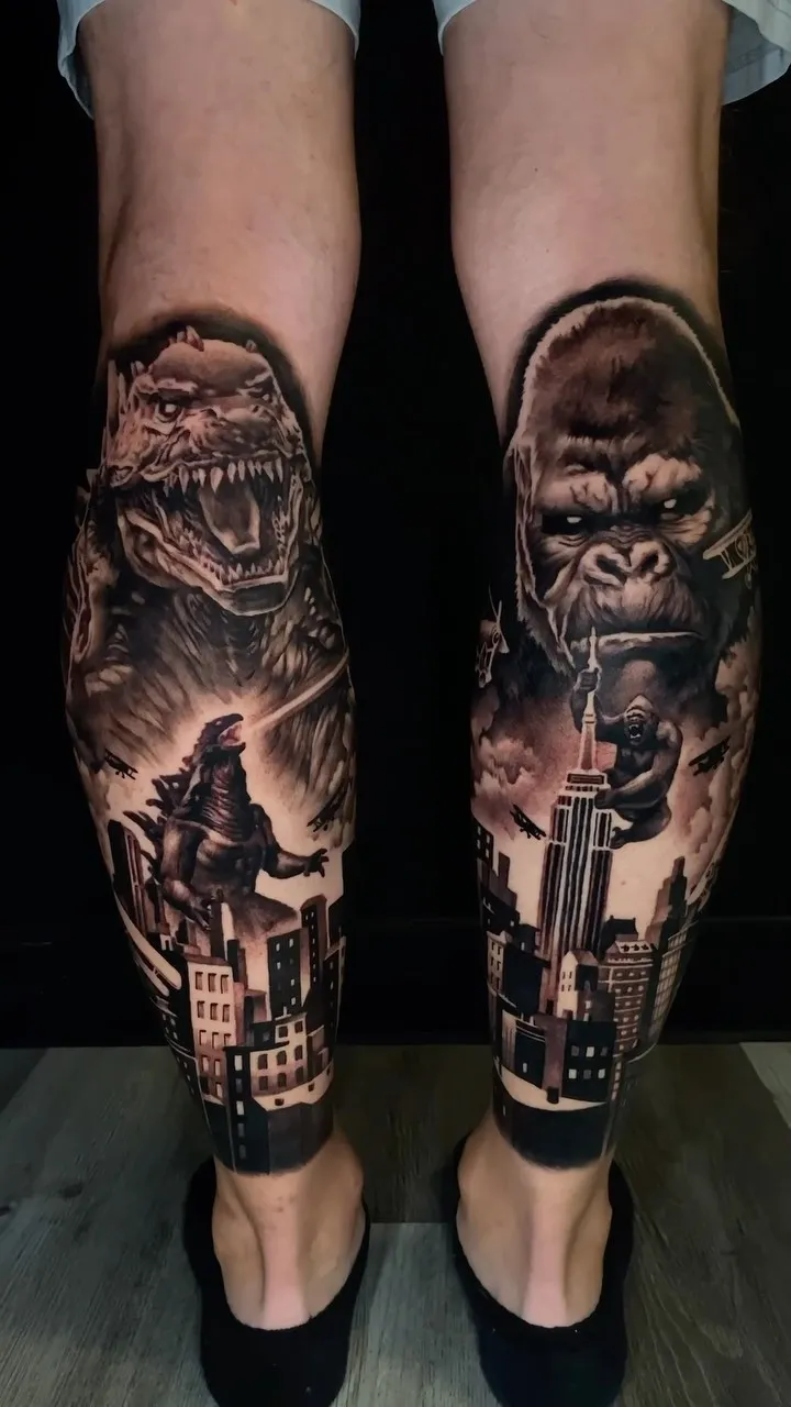 Dynamic Godzilla and Kong Symbiotic Leg Tattoos