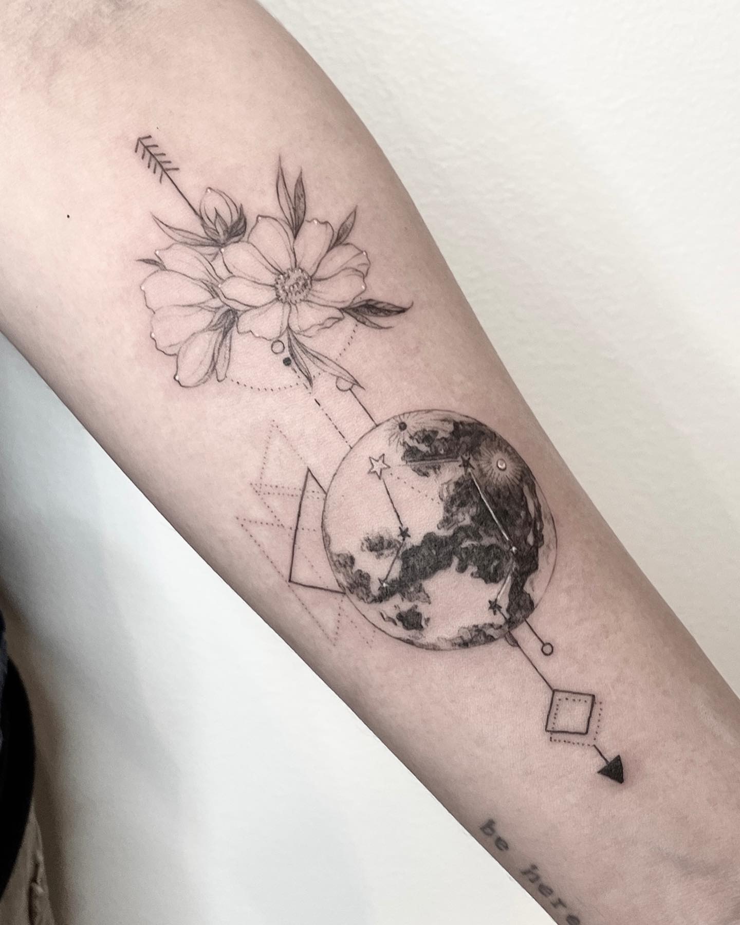 Elegant Floral and Geometric Earth Tattoo on Forearm