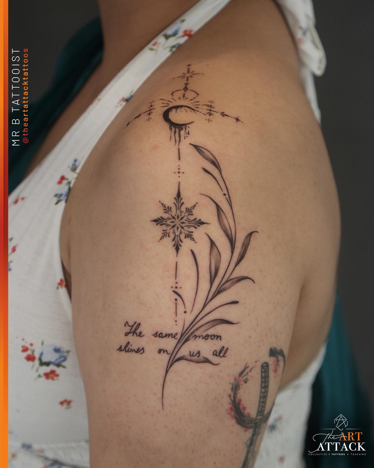 Elegant line art celestial and floral tattoo with script