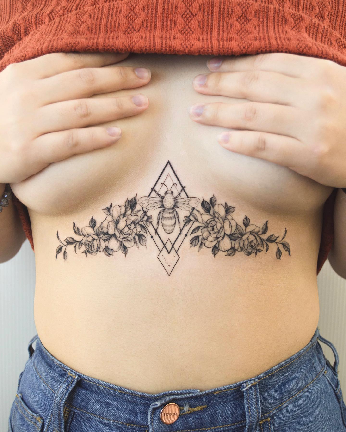 Floral and Geometric Bee Tattoo on Abdomen