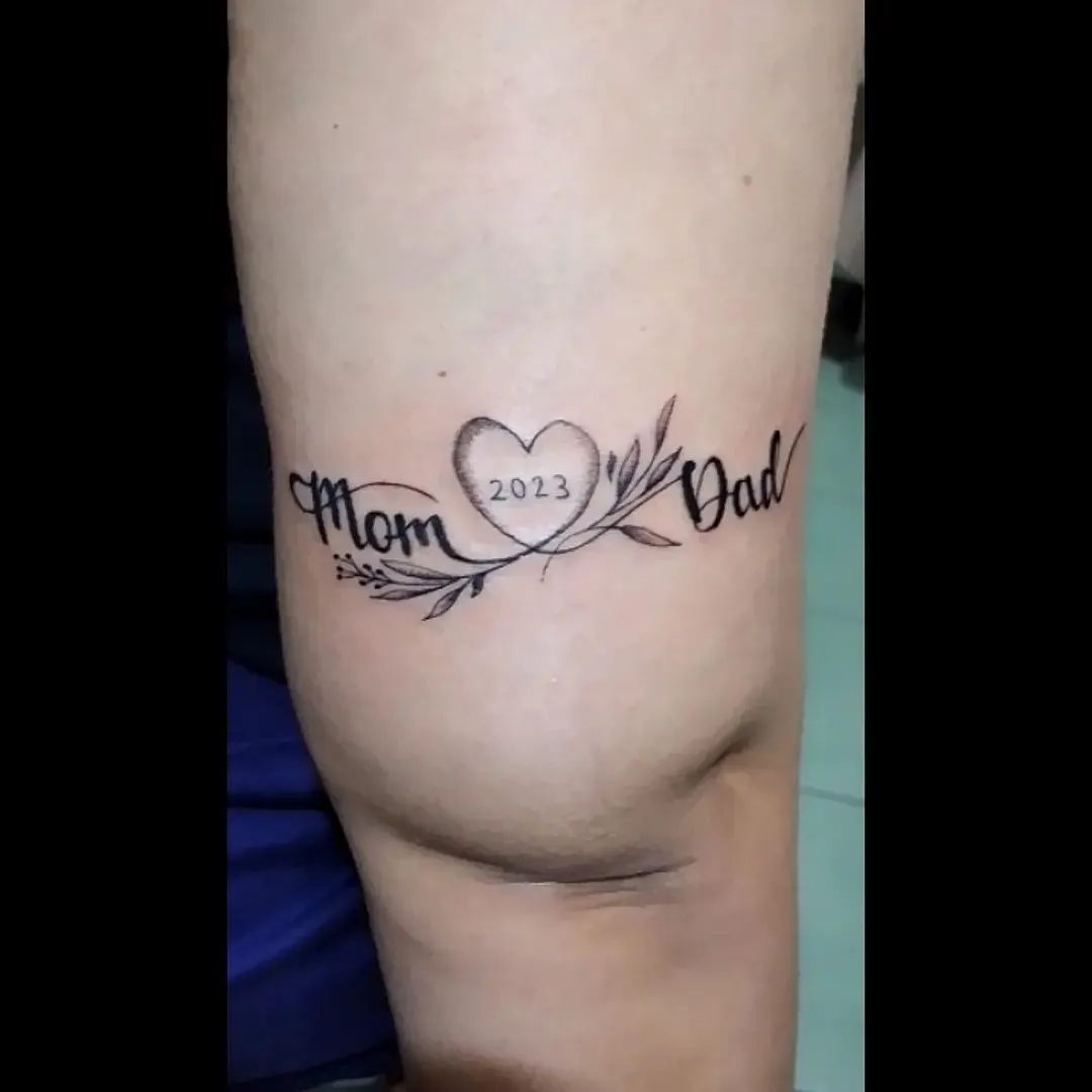 Heart with Parents' Names and Date Tattoo