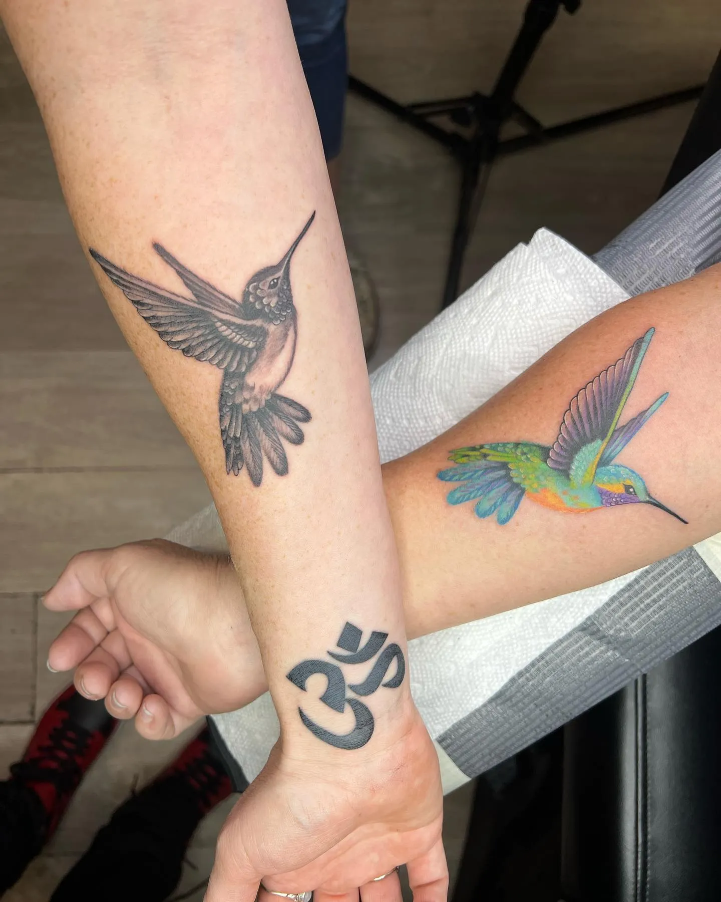 Hummingbird and Om Symbol Duo Tattoo
