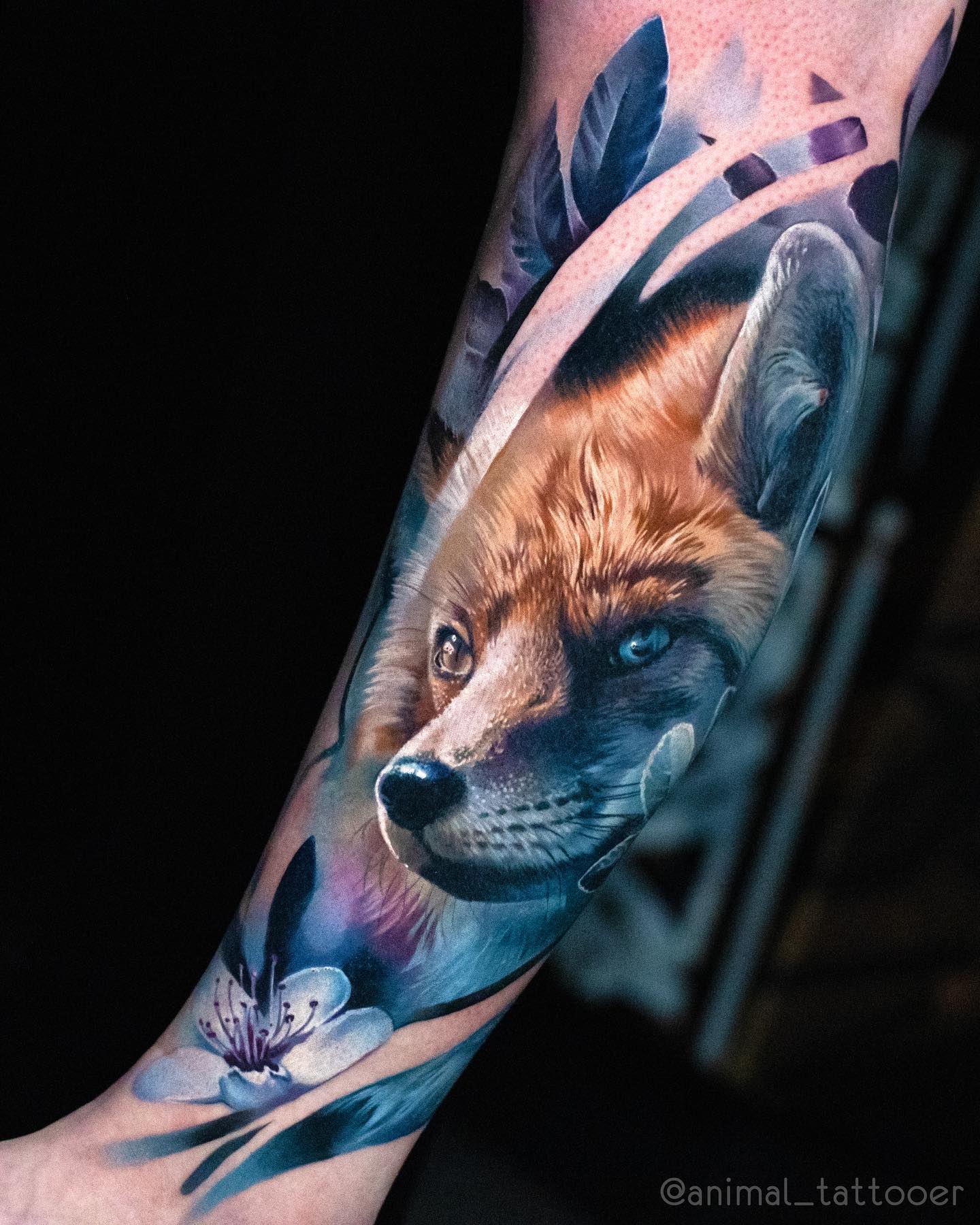 Intricate Colored Fox and Floral Forearm Tattoo