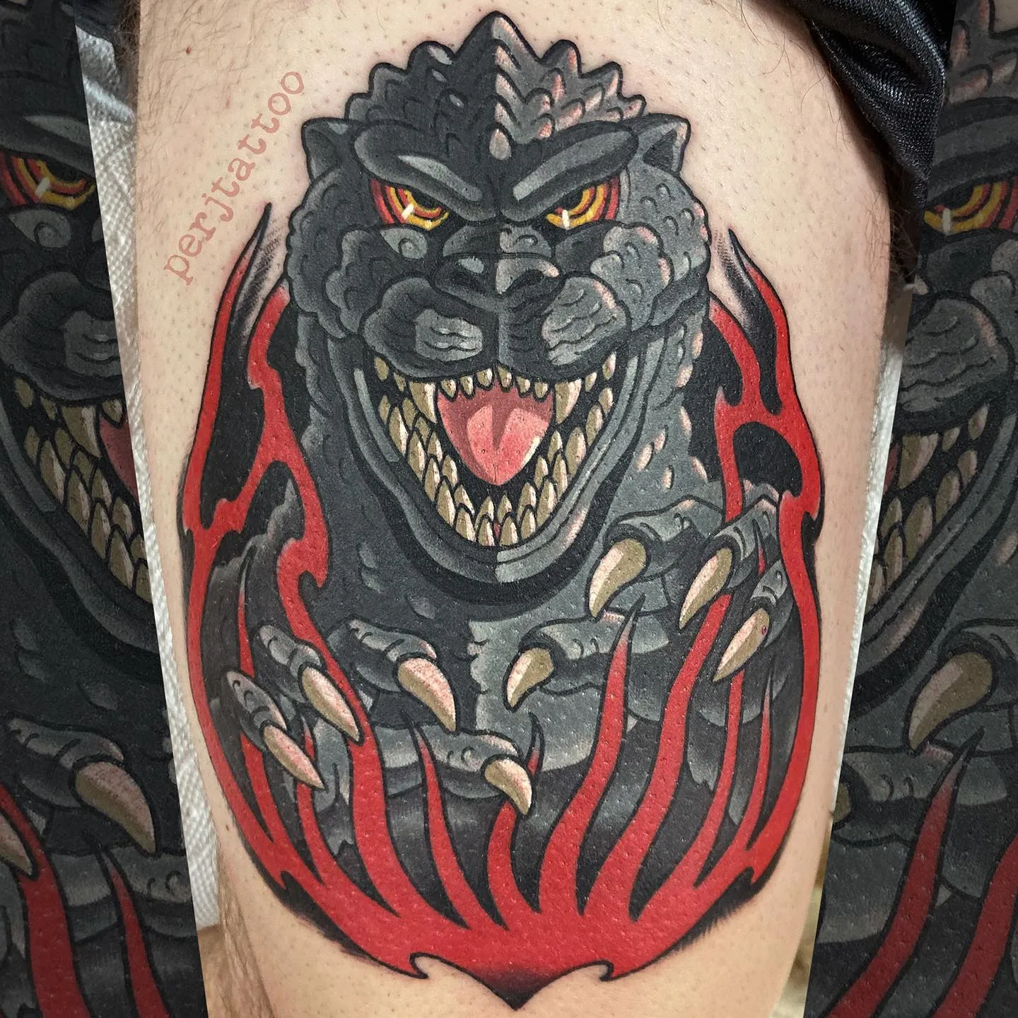 Majestic Godzilla in Flames Shoulder Tattoo