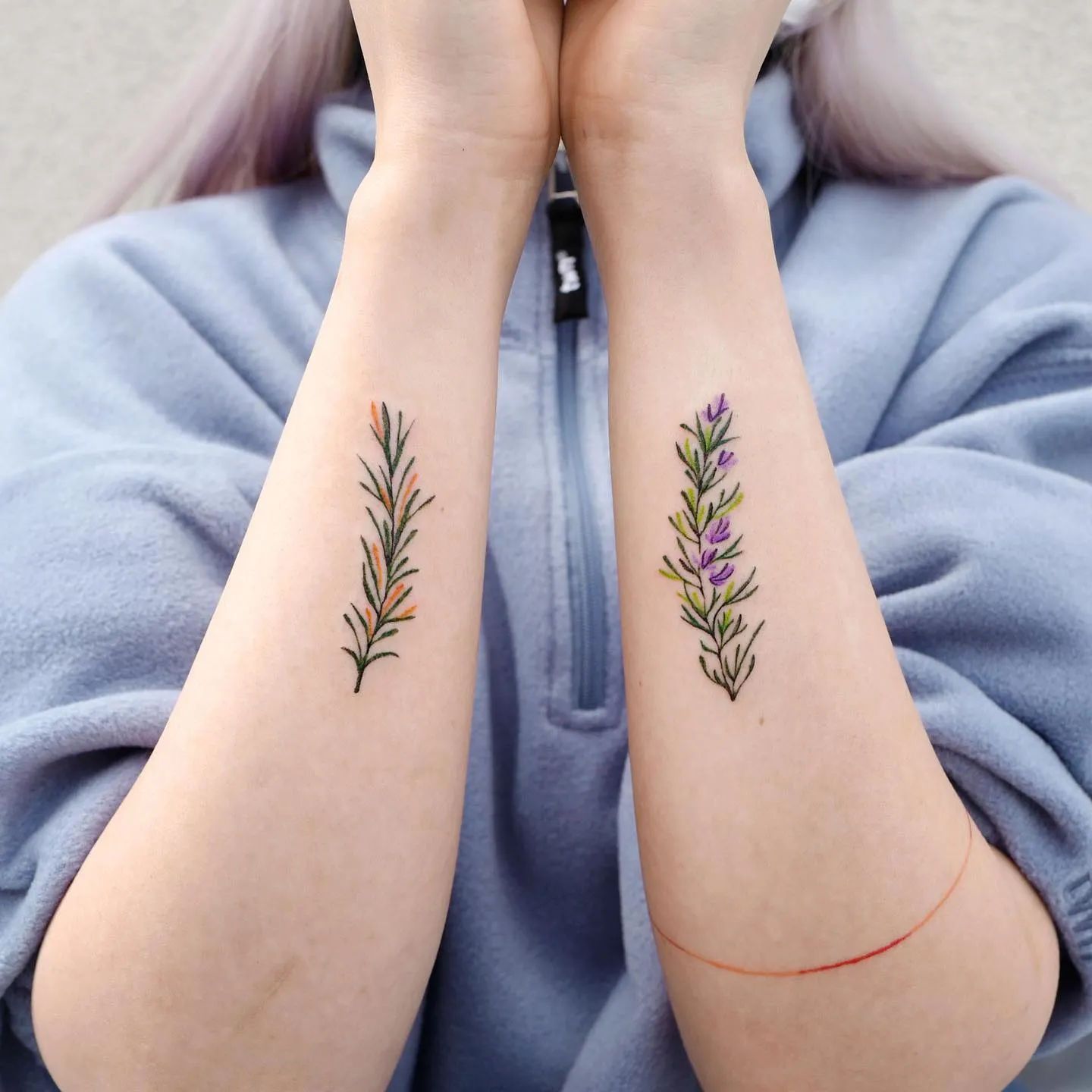 Matching Rosemary Sprigs on Forearms Tattoo