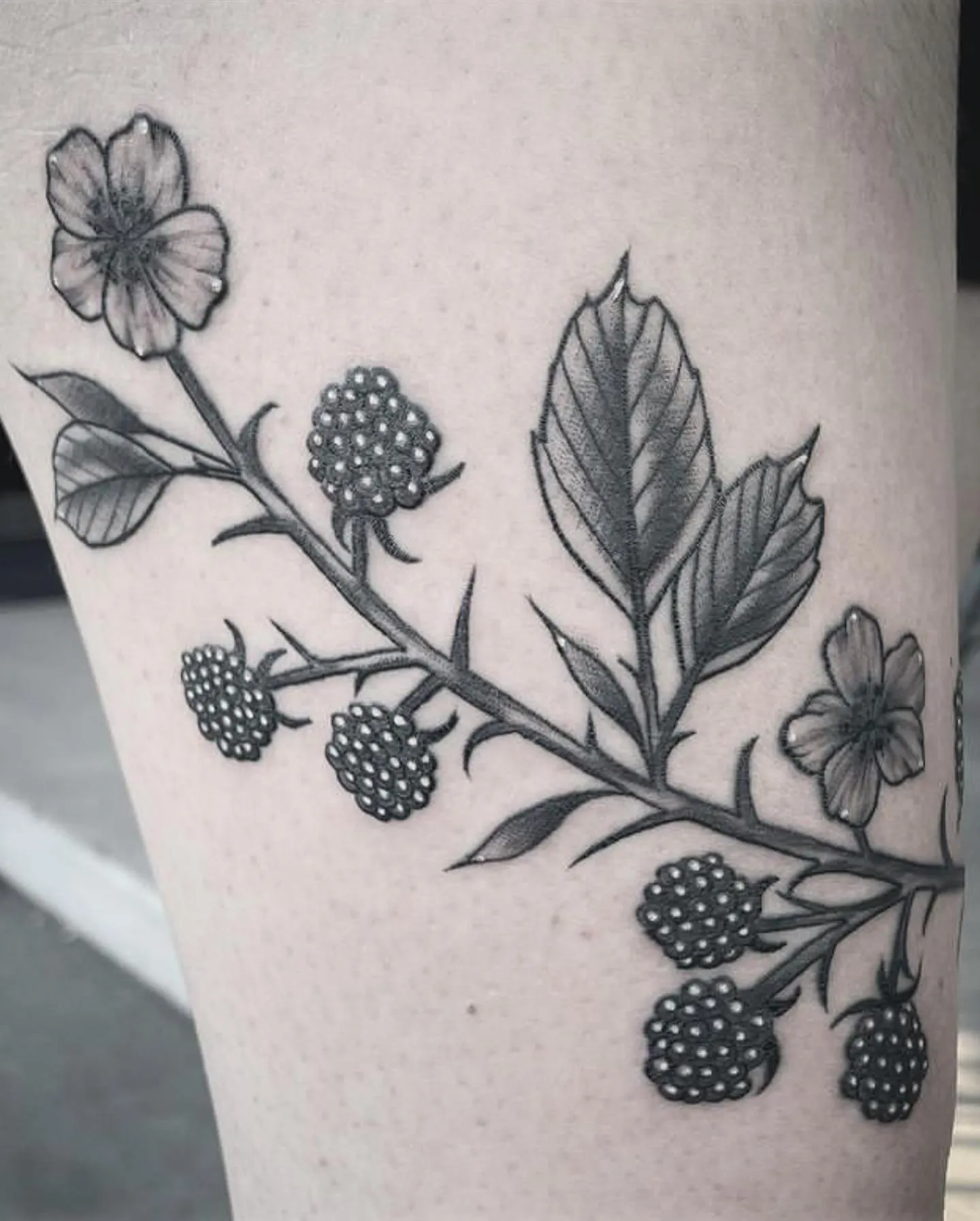Realistic blackberry bush ink on the leg