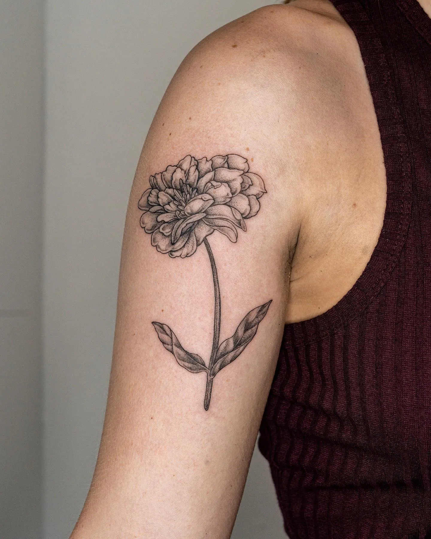 Single Zinnia flower tattoo on upper arm