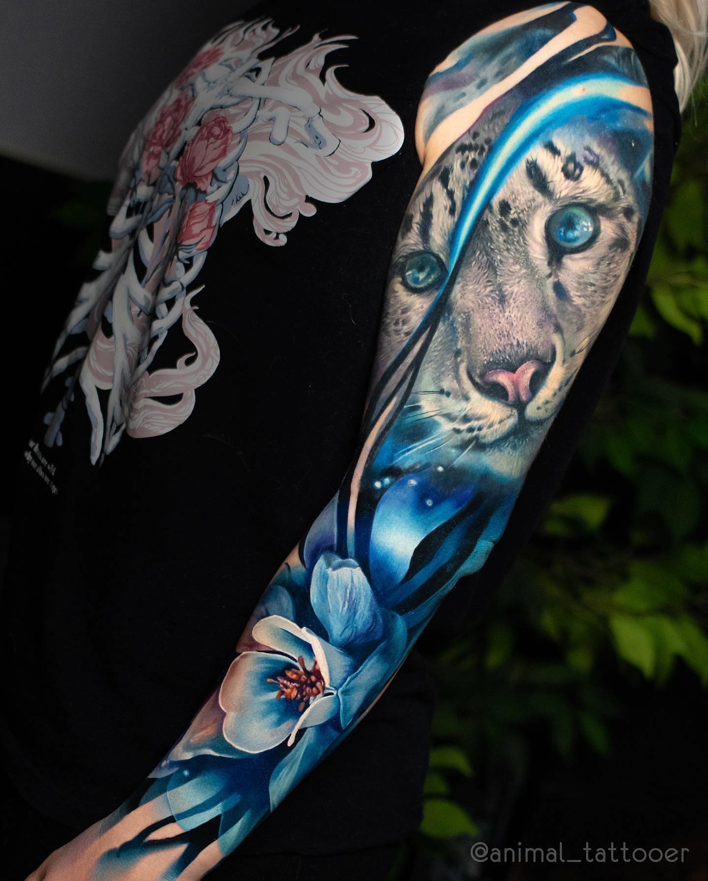 Stunning Full Sleeve Snow Leopard and Floral Tattoo