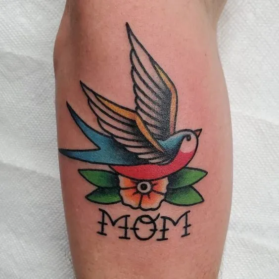 Swallow Bird and Mom Banner Traditional Tattoo