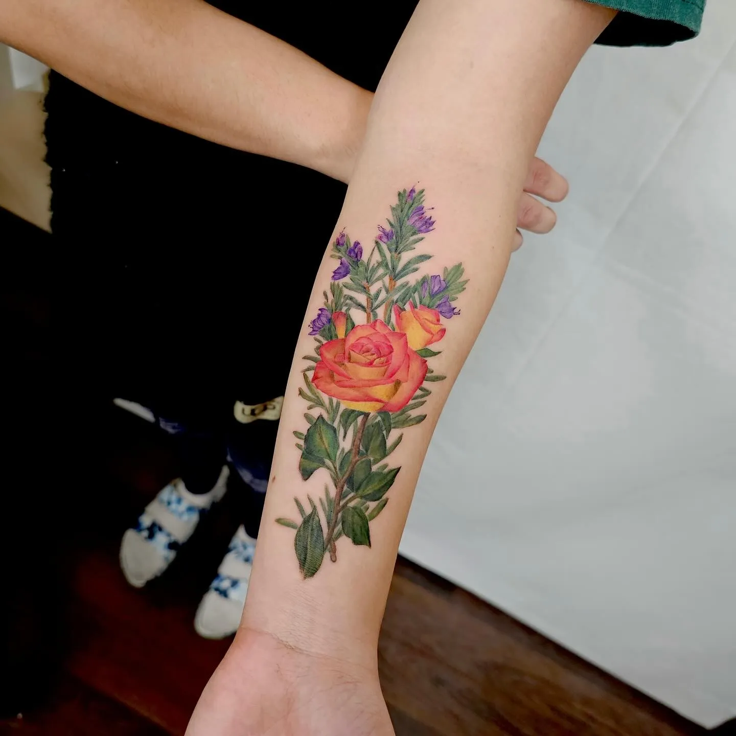 Vibrant Rose and Rosemary Arm Sleeve Tattoo