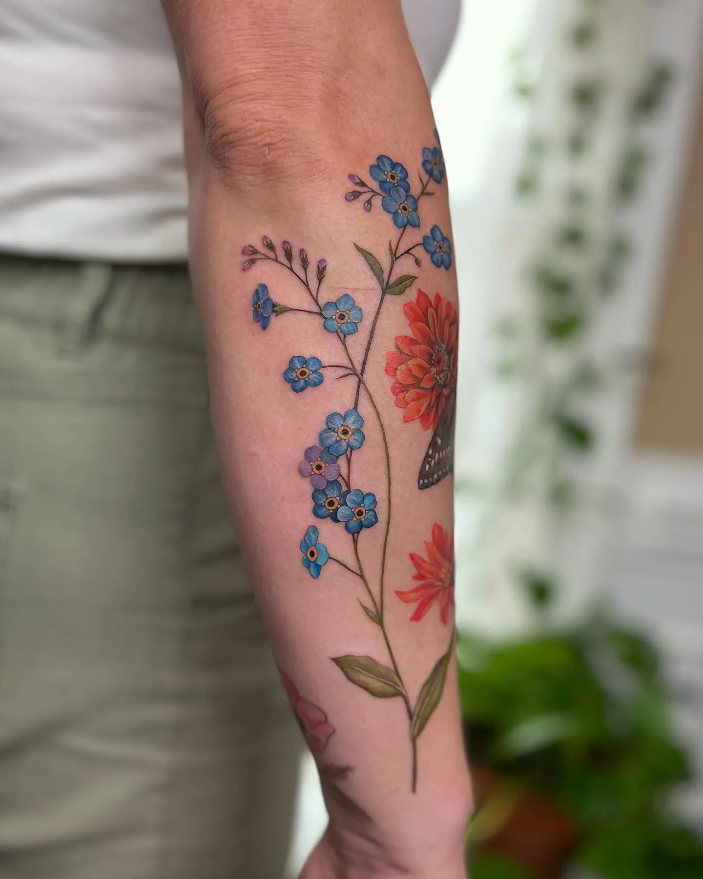 Vivid Zinnia Blossoms on Arm