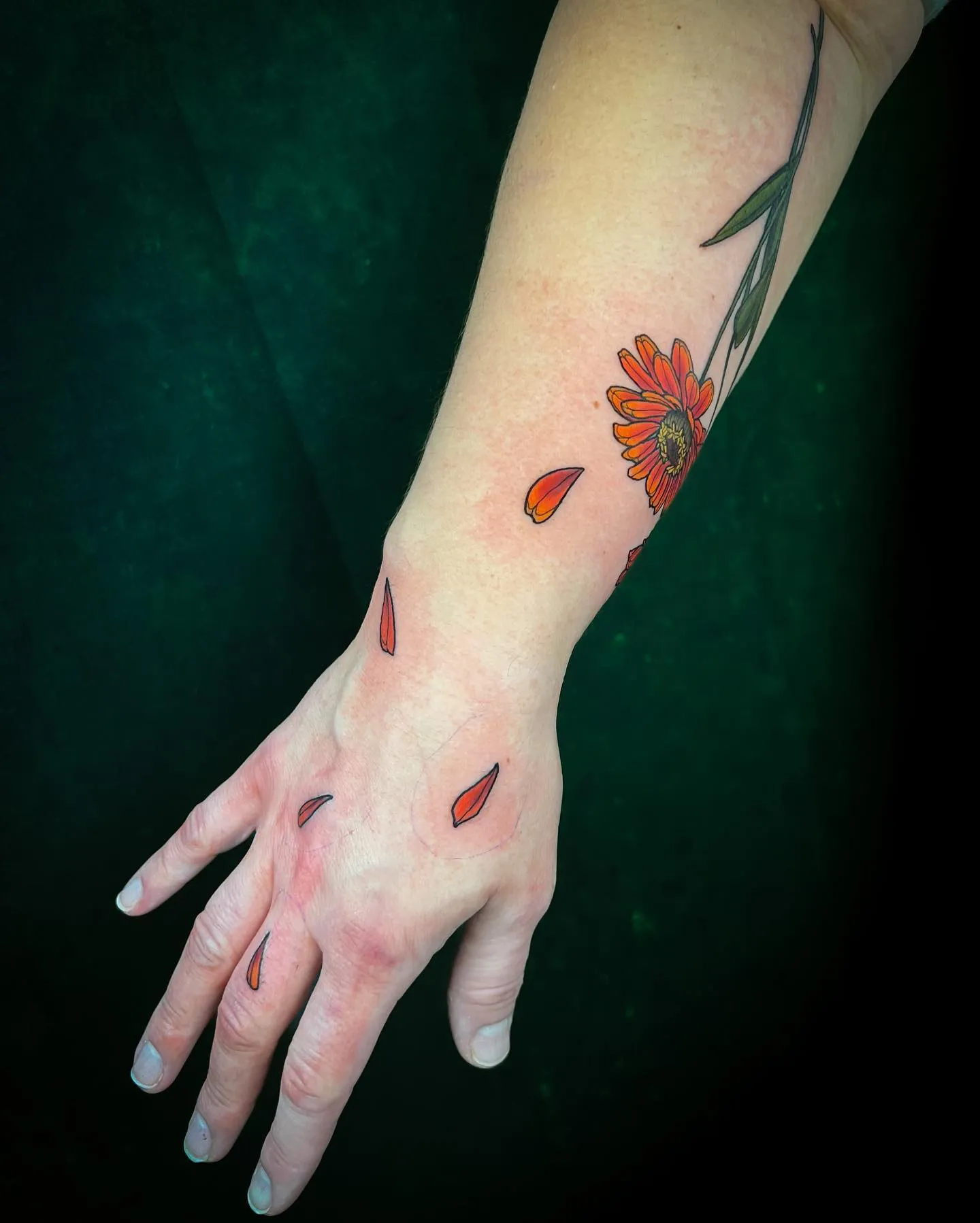 Zinnia tattoo with falling petals on hand
