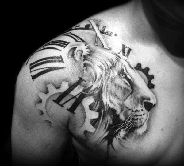 Lion Clockwork Chest Tattoo