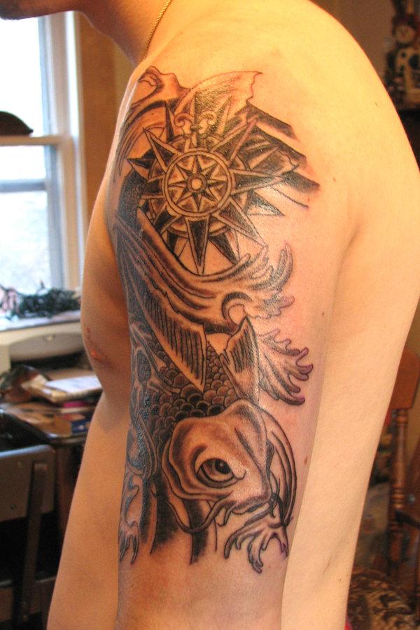 koi fish and compass arm tattoo