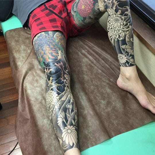 Coloured Tribal Leg Tattoo