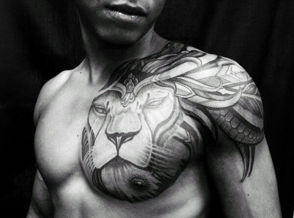 Lion Tattoo Chest & Shoulder Design 