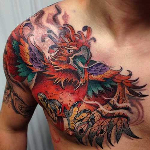 Colourful Phoenix Chest Tattoo