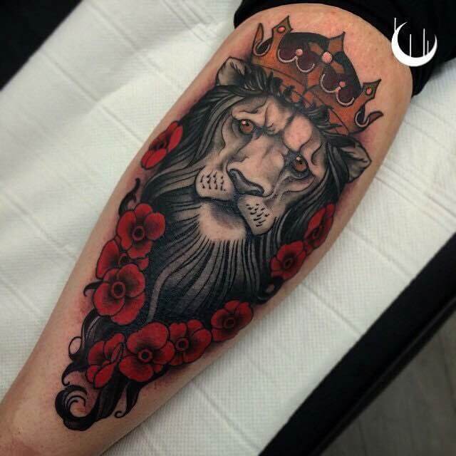 Lion & Roses Arm Tattoo