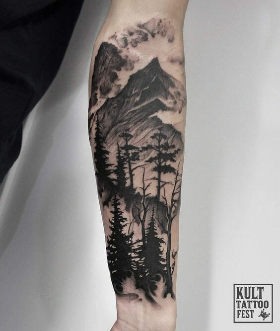 Tree & Mountains Arm Tattoo