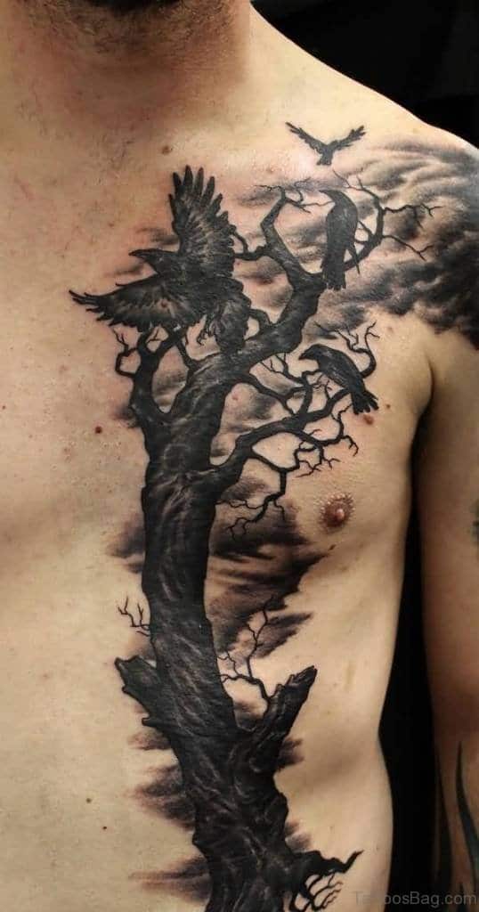 Amazing Dry Tree And Raven Chest Tattoo