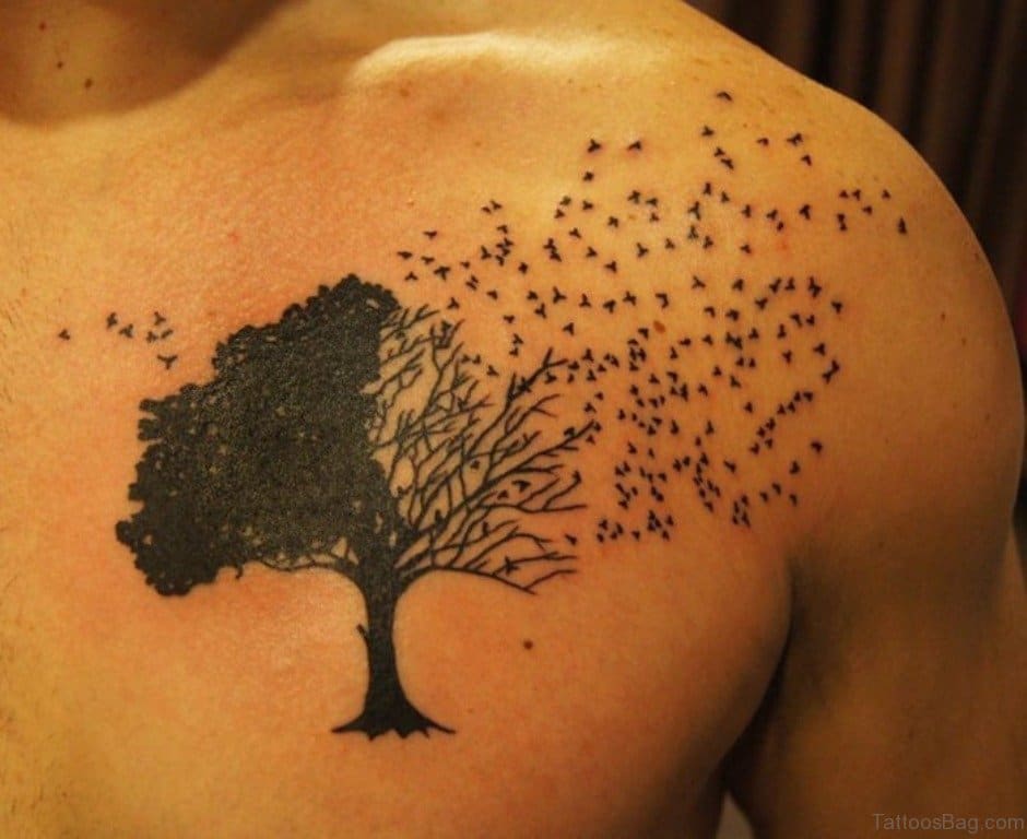 Bird & Tree Chest Tattoo