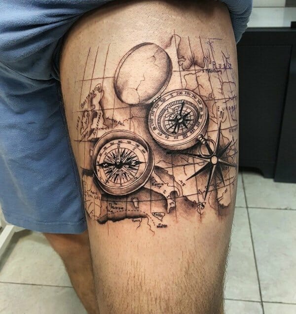 Detailed Compass Thigh Tattoo