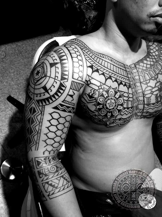 Tribal Filipino Chest & Arm Half Sleeve Tattoo
