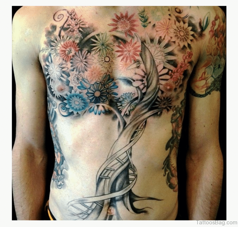 Coloured Tree Chest Tattoo