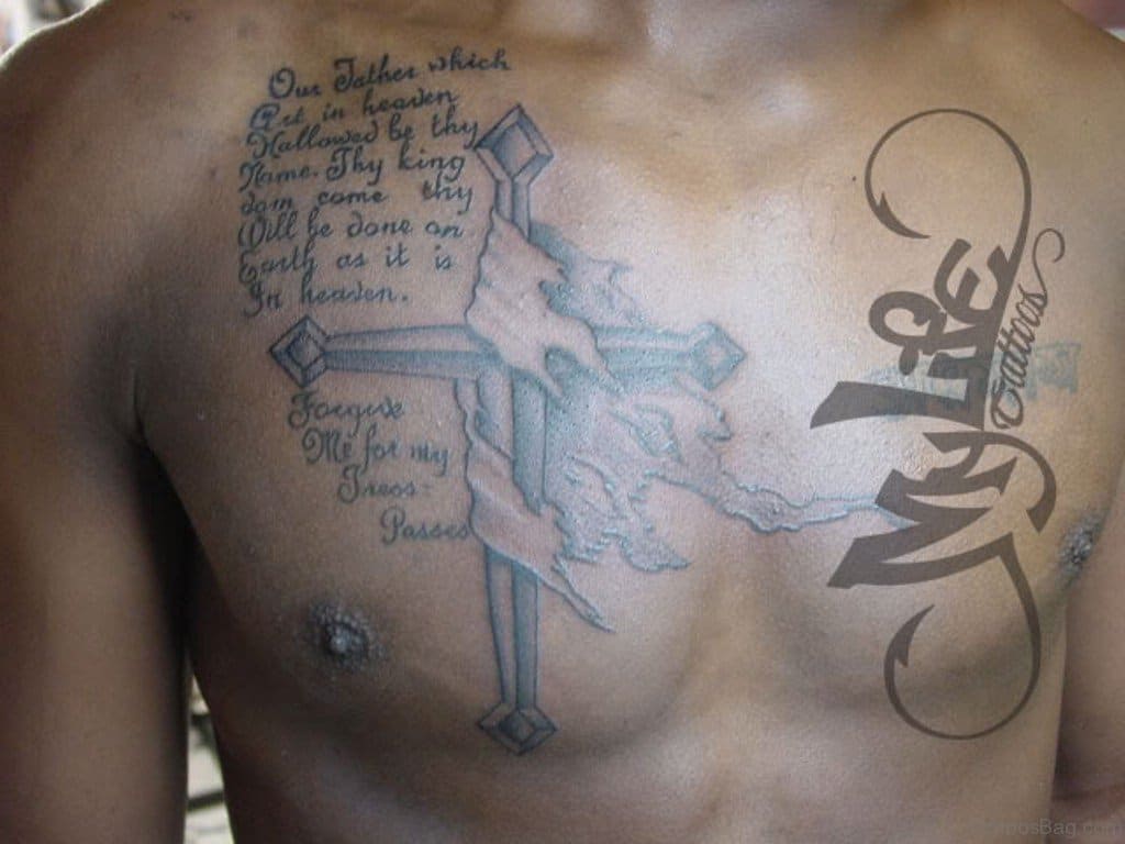 Quotes & Cross Chest Tattoo