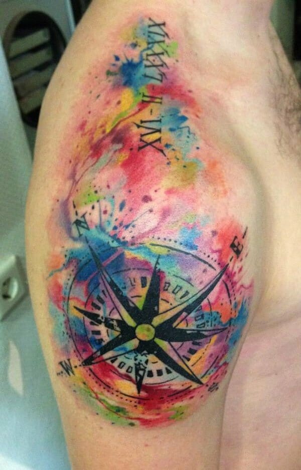 Watercolour Arm Compass Tattoo