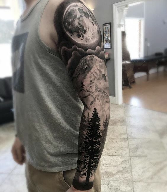 Full Tree Arm Sleeve with Moon & Mountains