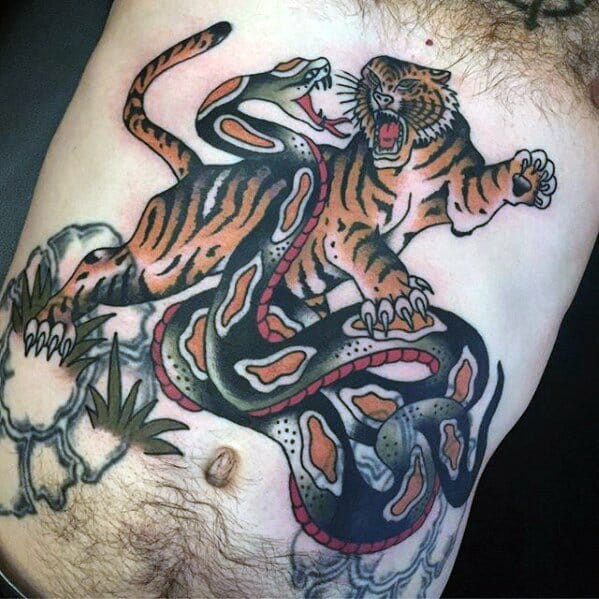 Tiger & Snake Chest Tattoo