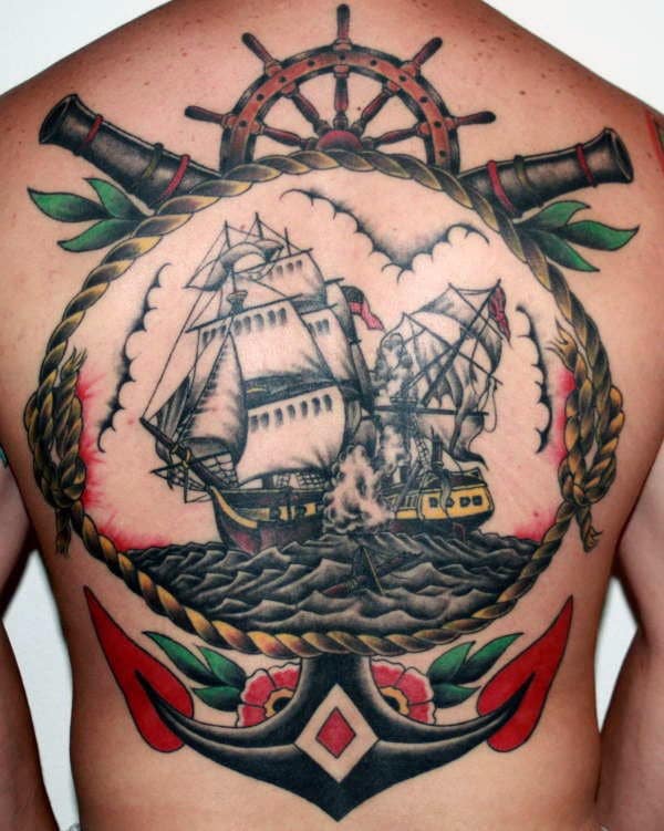 Anchor with Ship Traditional Back Tattoo