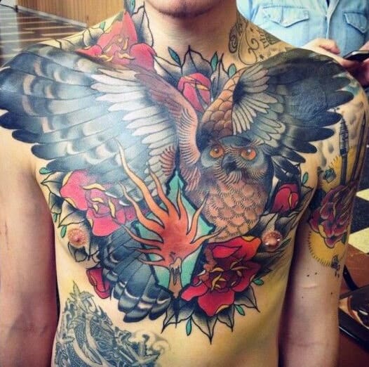 Chest Owl Flying Tattoo