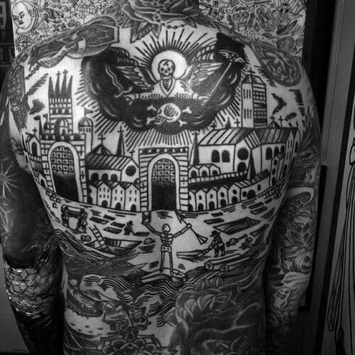 city skyline traditional back male tattoos Outsons