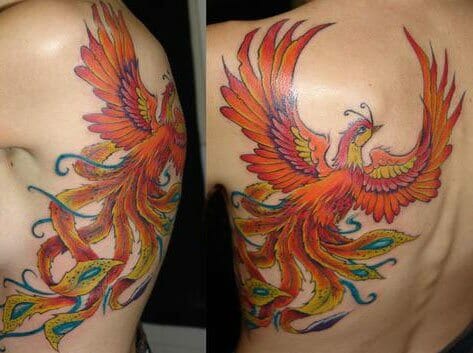 Coloured Flying Phoenix Back Tattoo