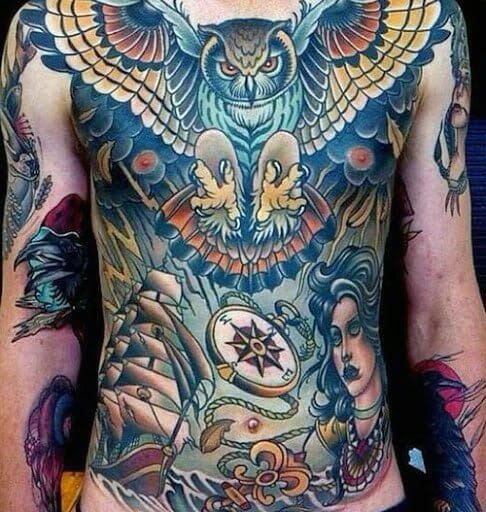 Mens Owl Full Body Tattoo