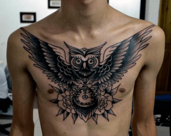 Cool Tribal Chest Owl Tattoo
