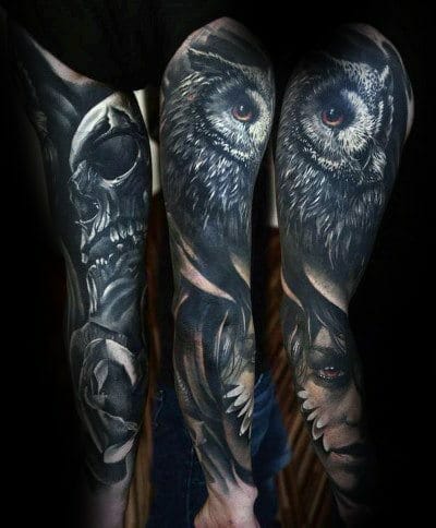 Forearm Sleeve Owl Tattoo