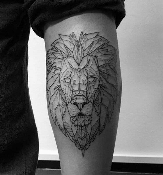 Geometric Lion Mens Leg Tattoo