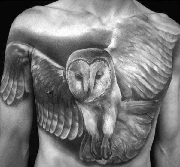 Realistic Owl Chest Tattoo