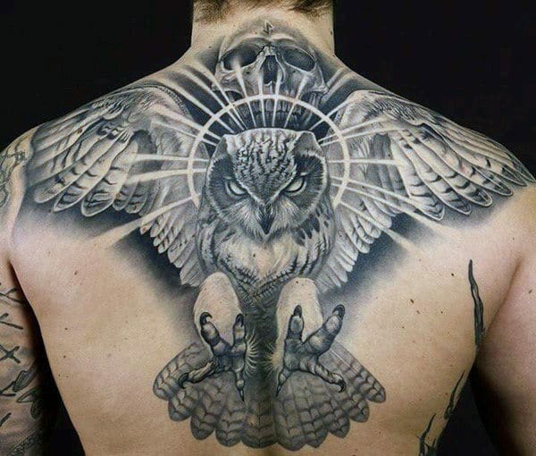 Male Owl Back Tattoo