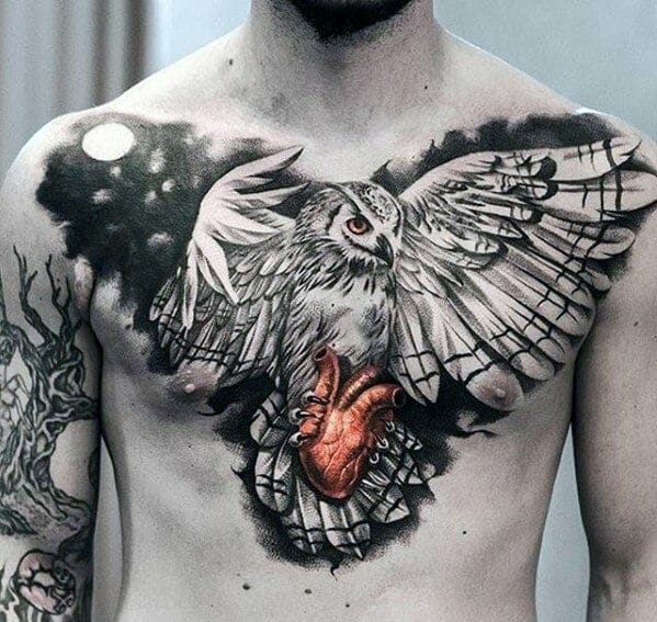 Owl Flying with Heart Tattoo